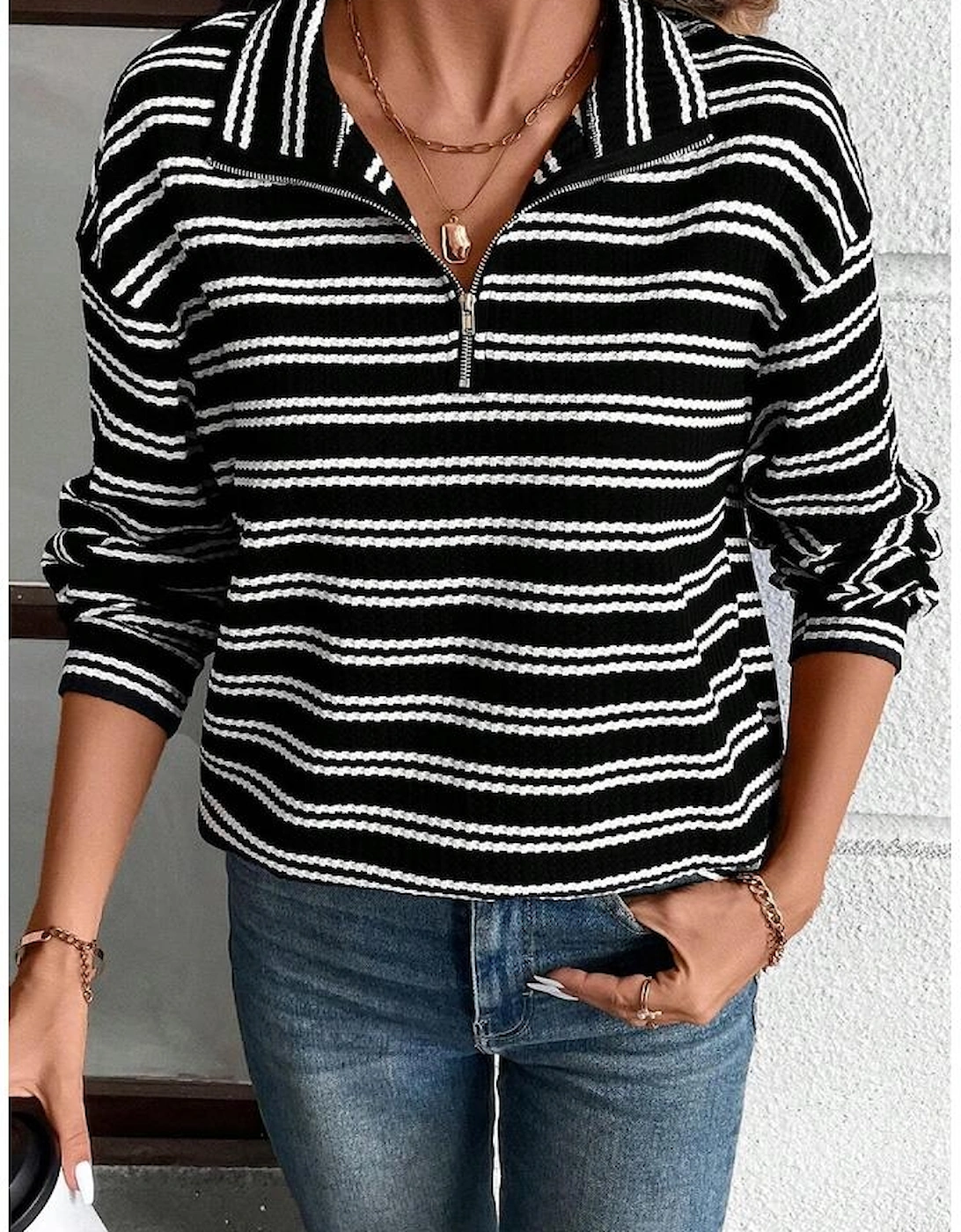 Black Stripe Textured Quarter Zip Collar Long Sleeve Top