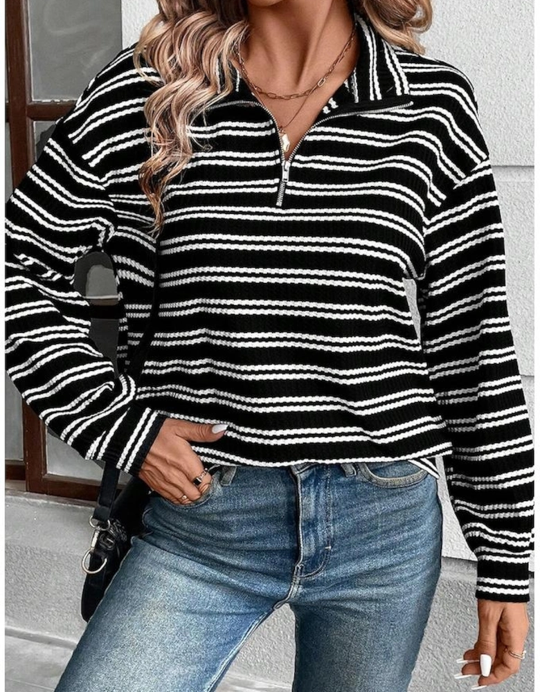 Black Stripe Textured Quarter Zip Collar Long Sleeve Top