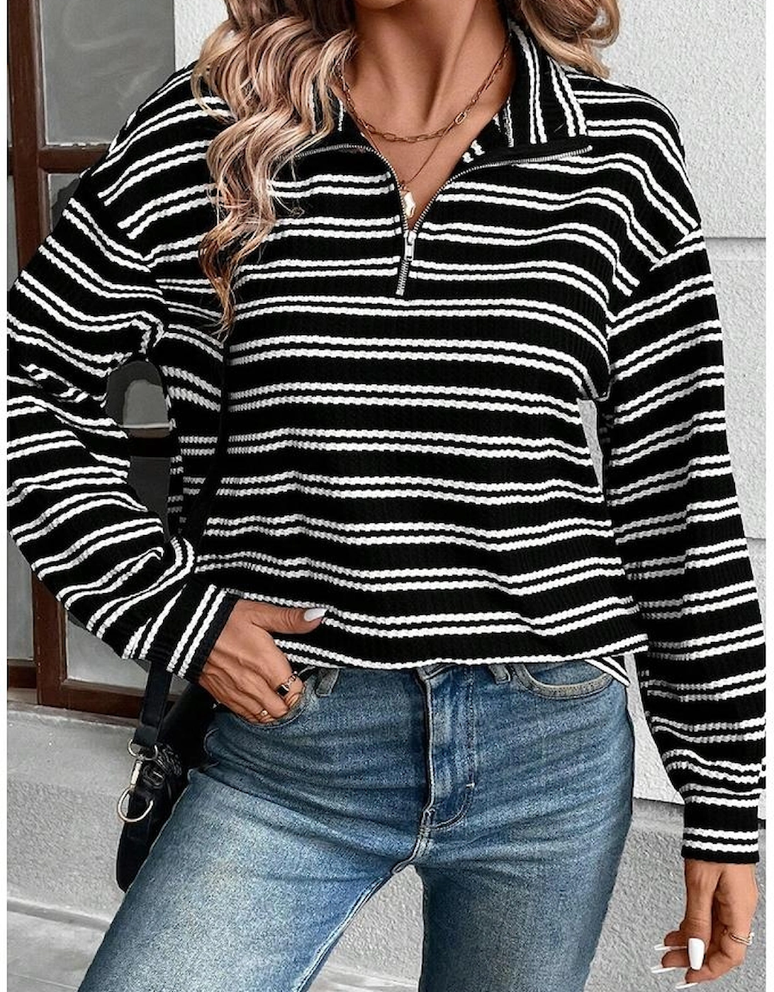 Black Stripe Textured Quarter Zip Collar Long Sleeve Top