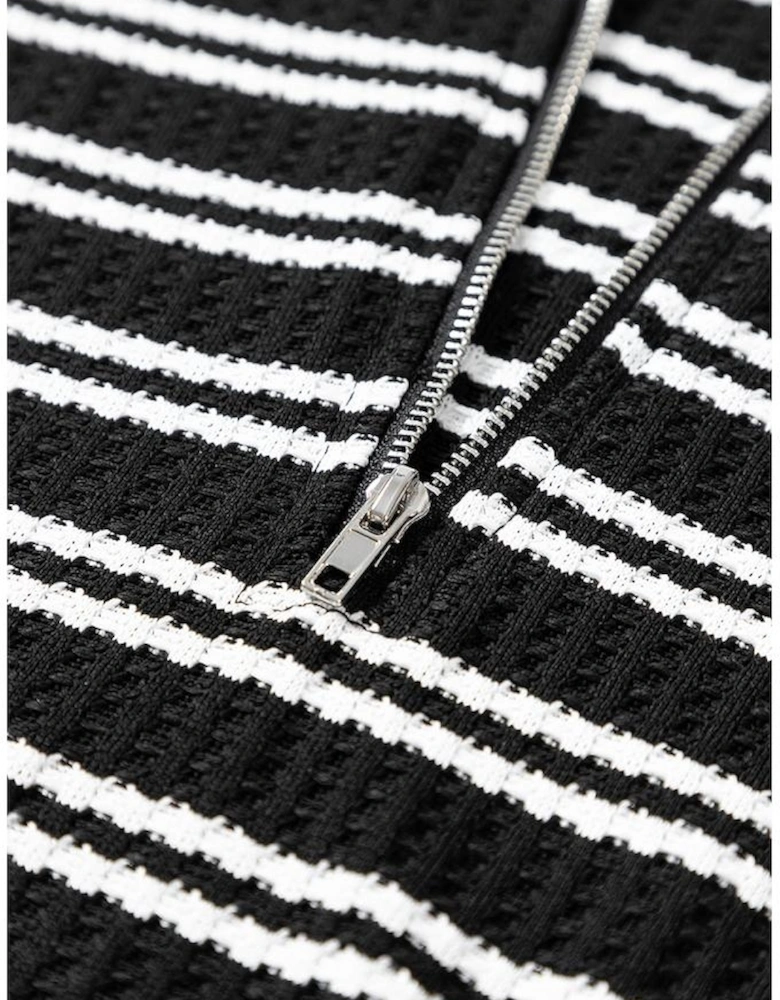 Black Stripe Textured Quarter Zip Collar Long Sleeve Top