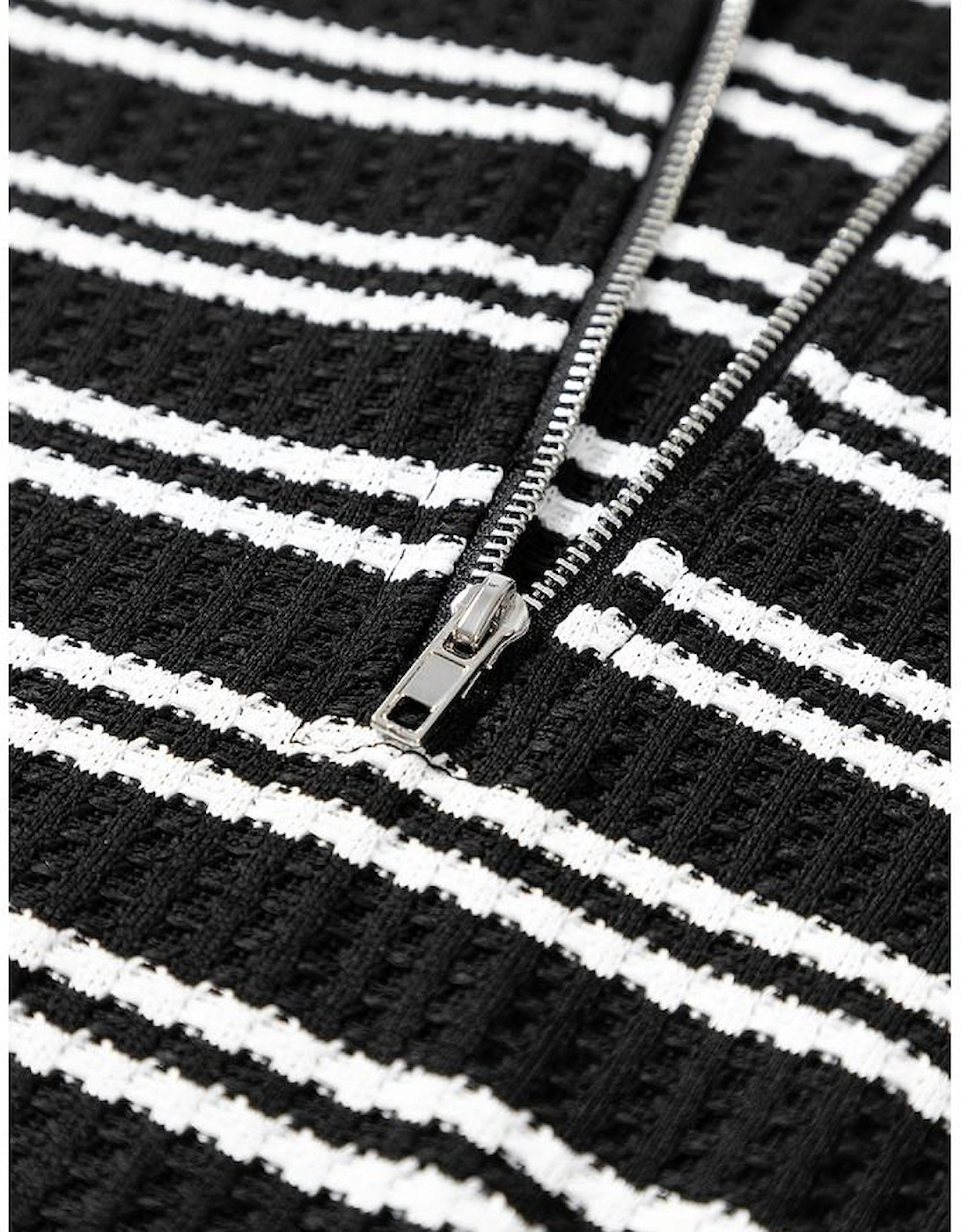 Black Stripe Textured Quarter Zip Collar Long Sleeve Top