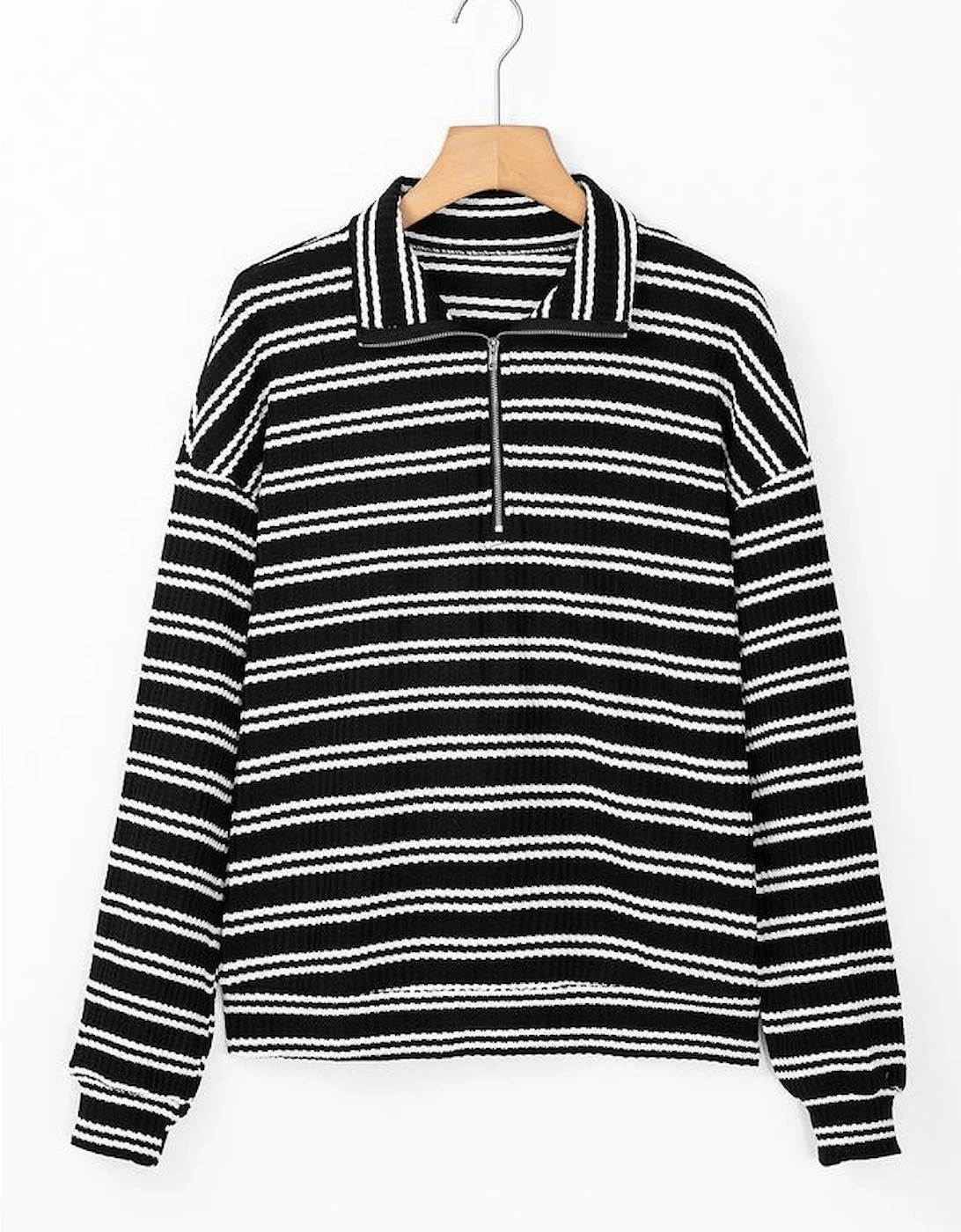 Black Stripe Textured Quarter Zip Collar Long Sleeve Top