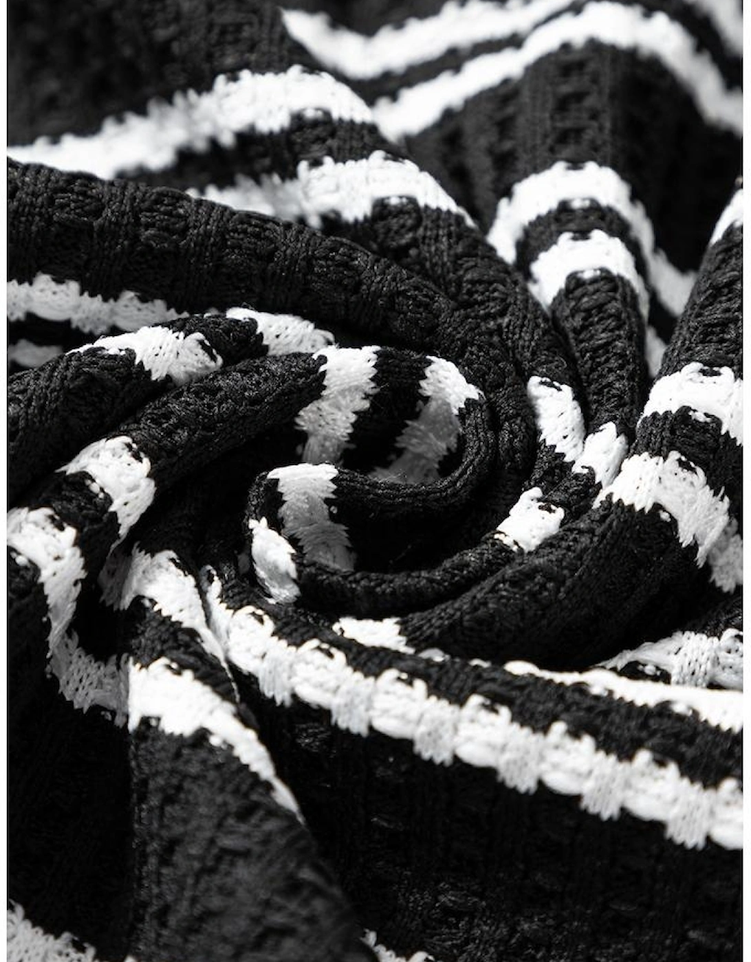 Black Stripe Textured Quarter Zip Collar Long Sleeve Top