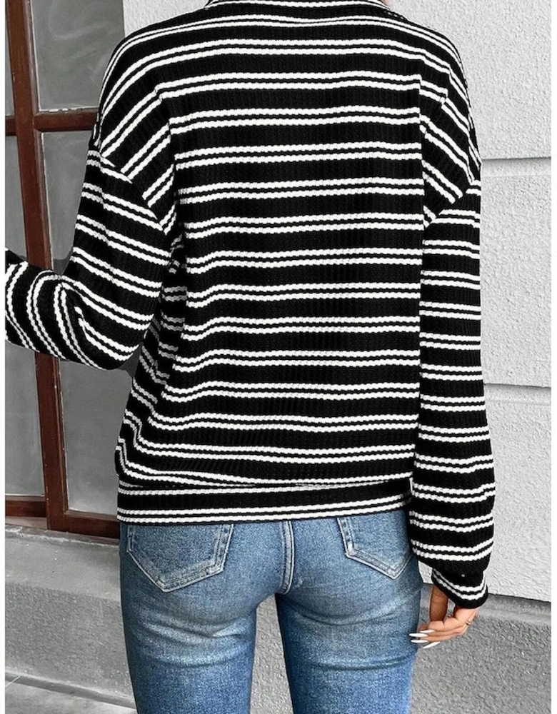 Black Stripe Textured Quarter Zip Collar Long Sleeve Top