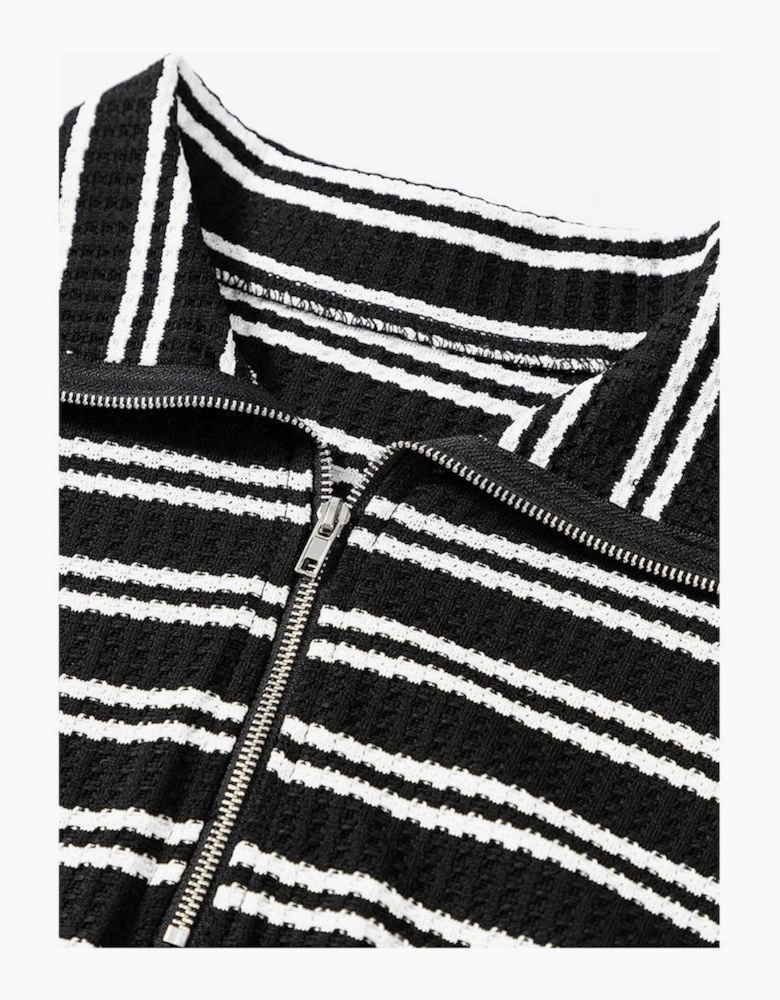 Black Stripe Textured Quarter Zip Collar Long Sleeve Top