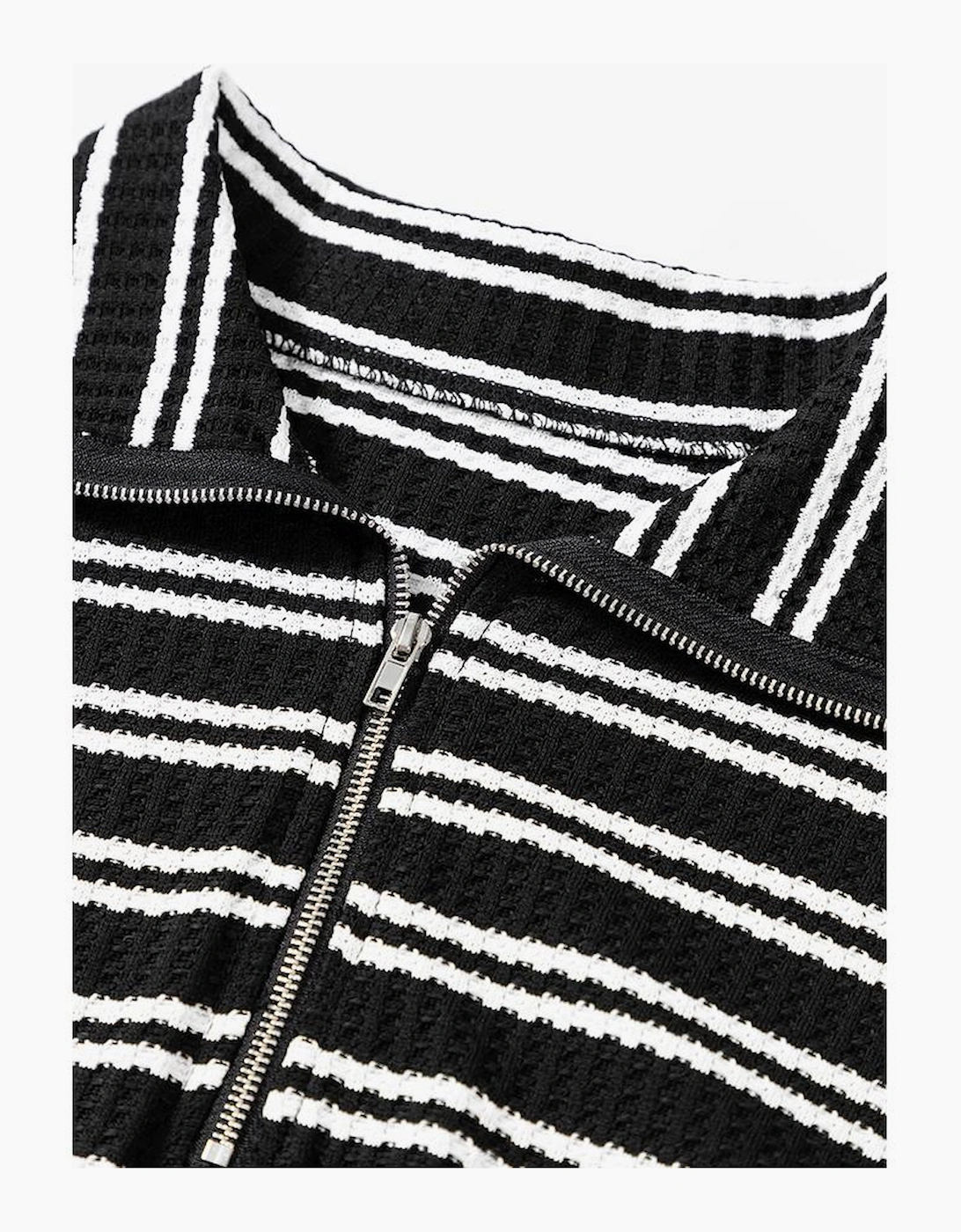 Black Stripe Textured Quarter Zip Collar Long Sleeve Top