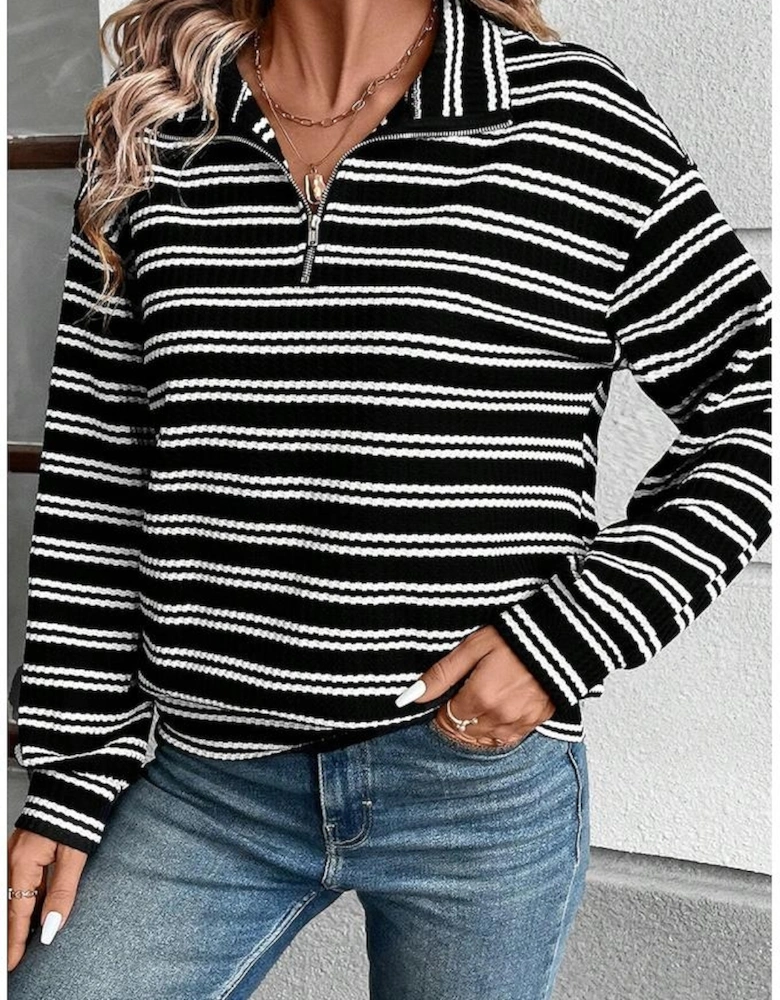 Black Stripe Textured Quarter Zip Collar Long Sleeve Top
