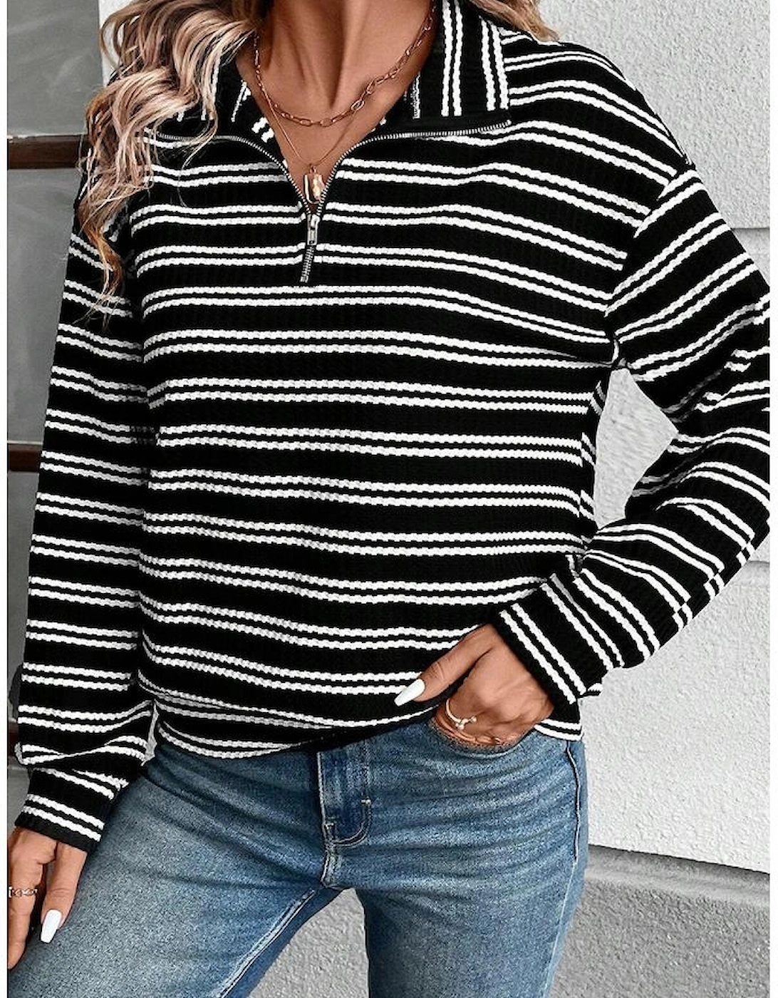 Black Stripe Textured Quarter Zip Collar Long Sleeve Top