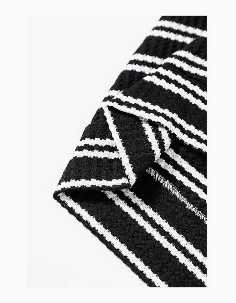 Black Stripe Textured Quarter Zip Collar Long Sleeve Top