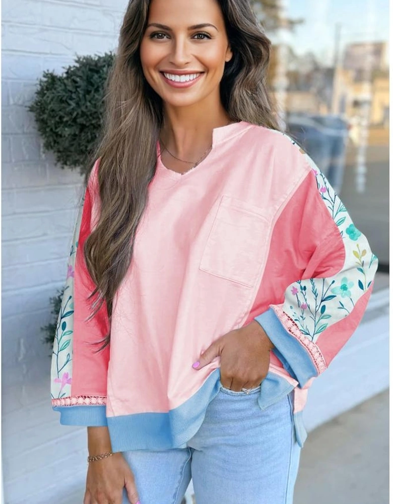 Light Pink Floral Colorblock Patchwork Chest Pocket Notched Neck Long Sleeve Top