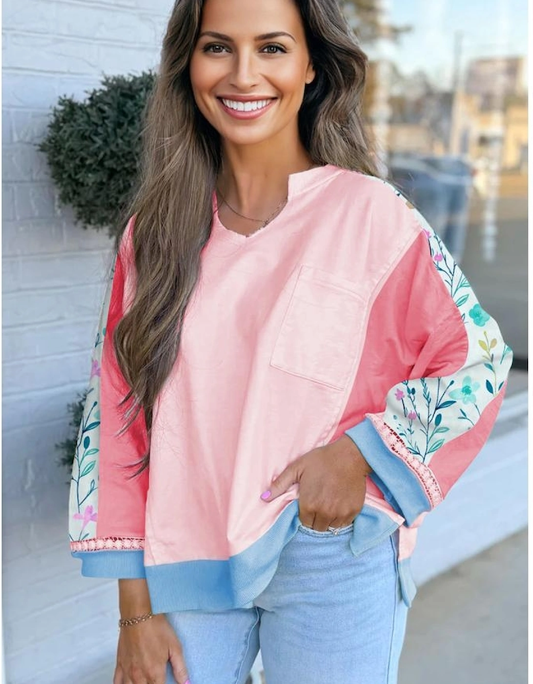 Light Pink Floral Colorblock Patchwork Chest Pocket Notched Neck Long Sleeve Top, 3 of 2