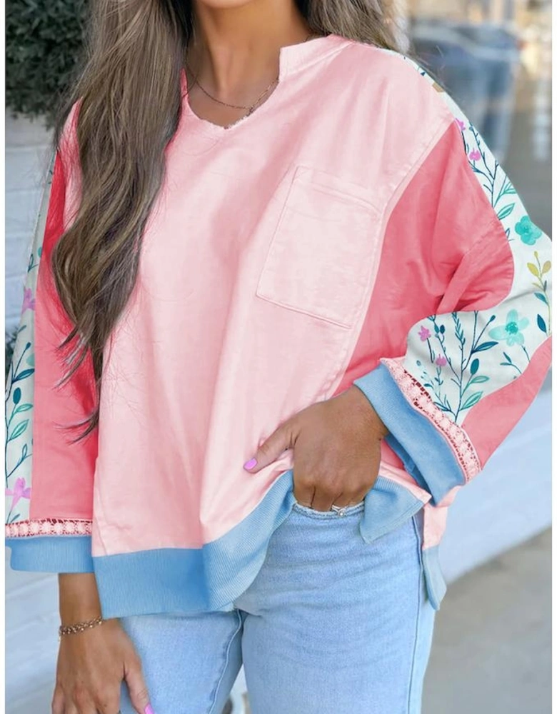Light Pink Floral Colorblock Patchwork Chest Pocket Notched Neck Long Sleeve Top