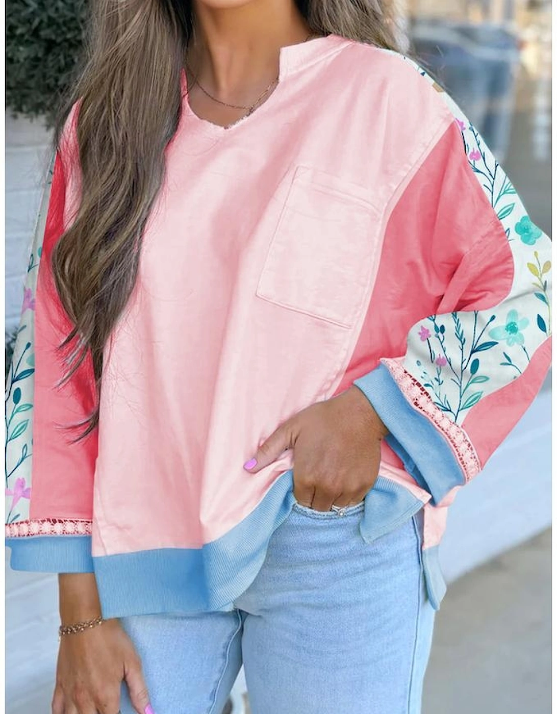 Light Pink Floral Colorblock Patchwork Chest Pocket Notched Neck Long Sleeve Top