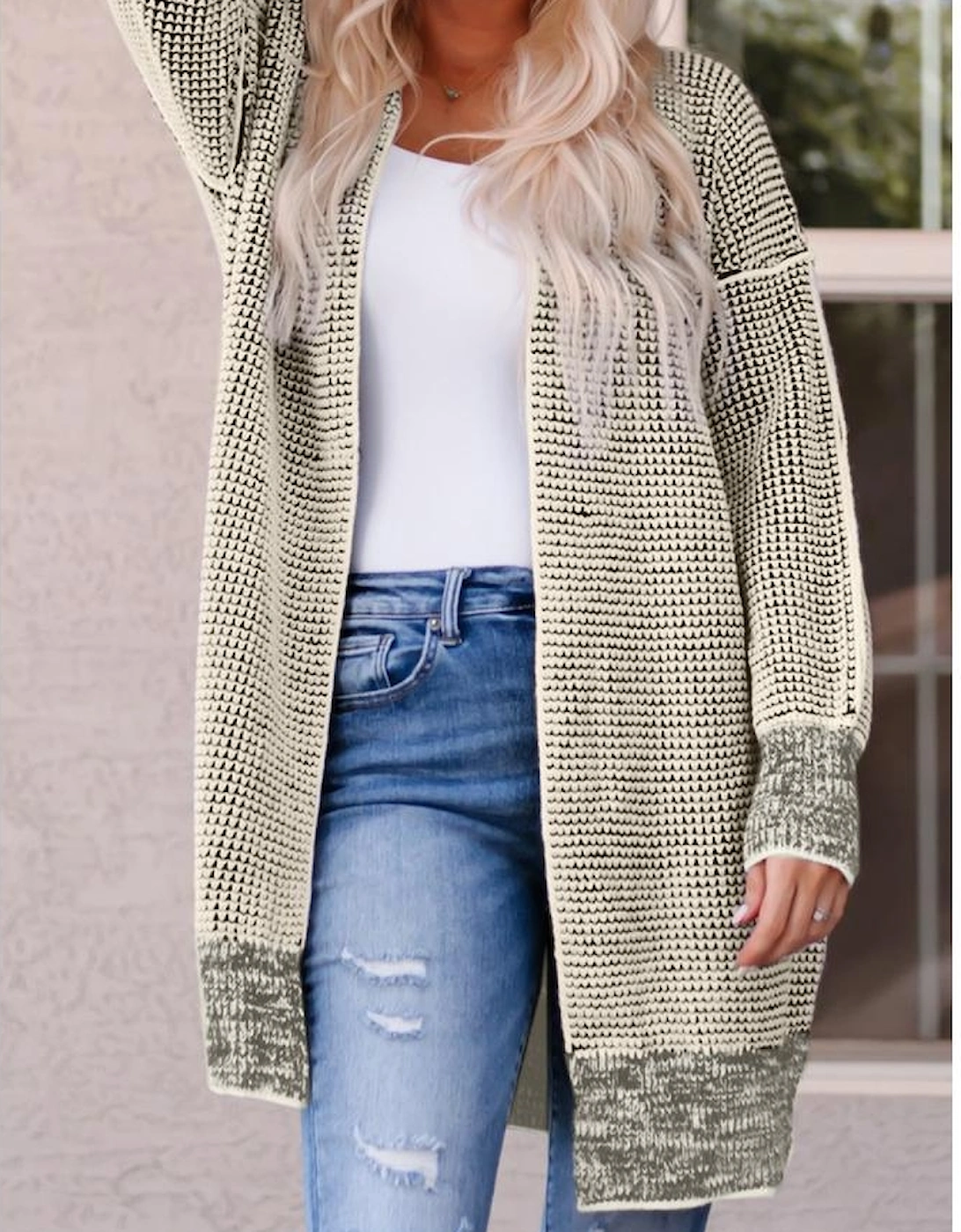 Apricot Plaid Knitted Long Open Front Cardigan