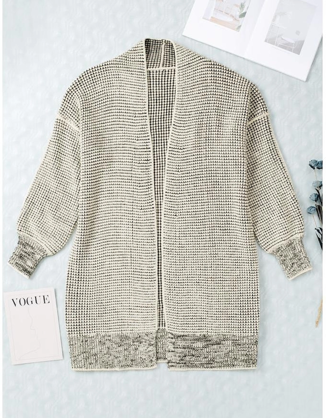 Apricot Plaid Knitted Long Open Front Cardigan