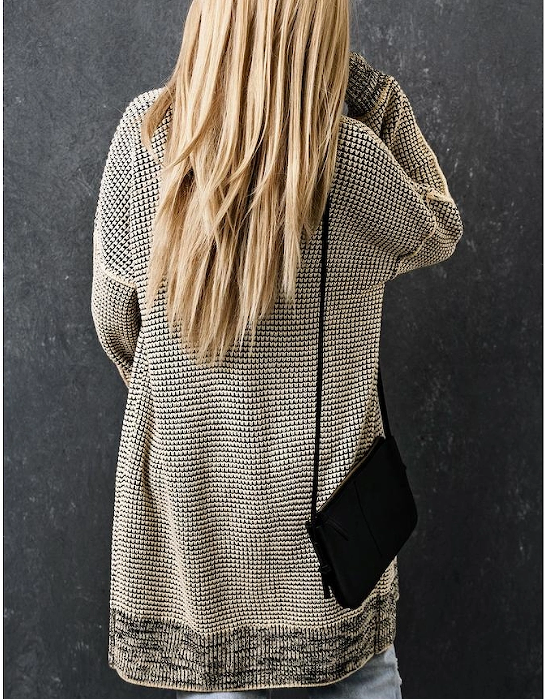 Apricot Plaid Knitted Long Open Front Cardigan