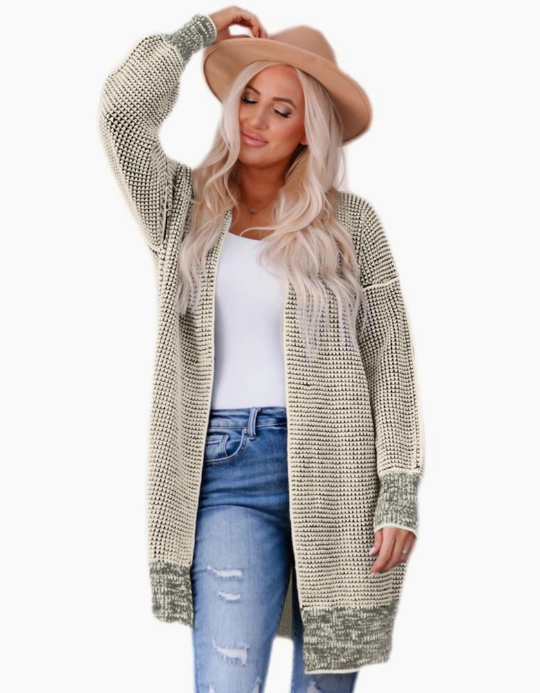 Apricot Plaid Knitted Long Open Front Cardigan