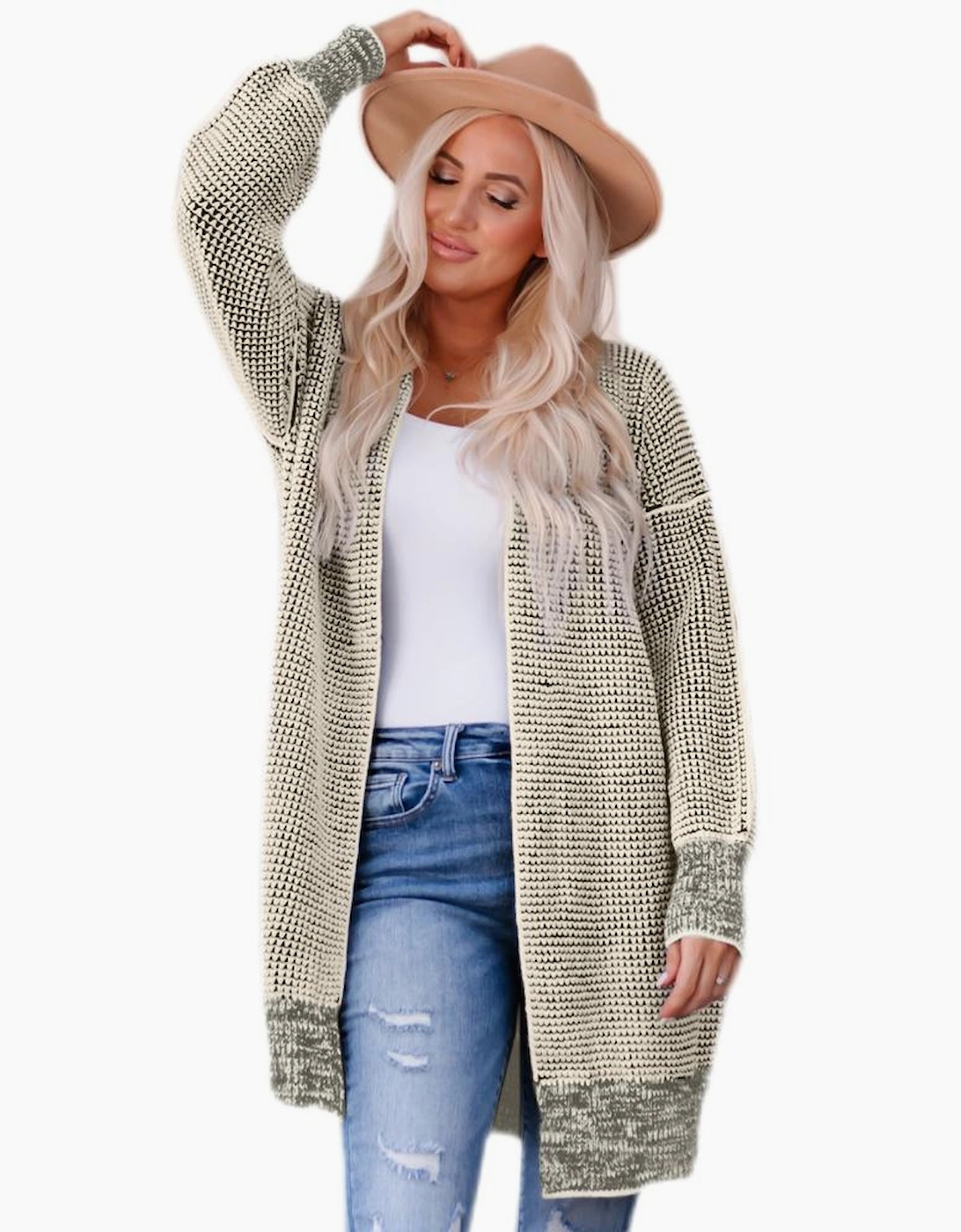 Apricot Plaid Knitted Long Open Front Cardigan