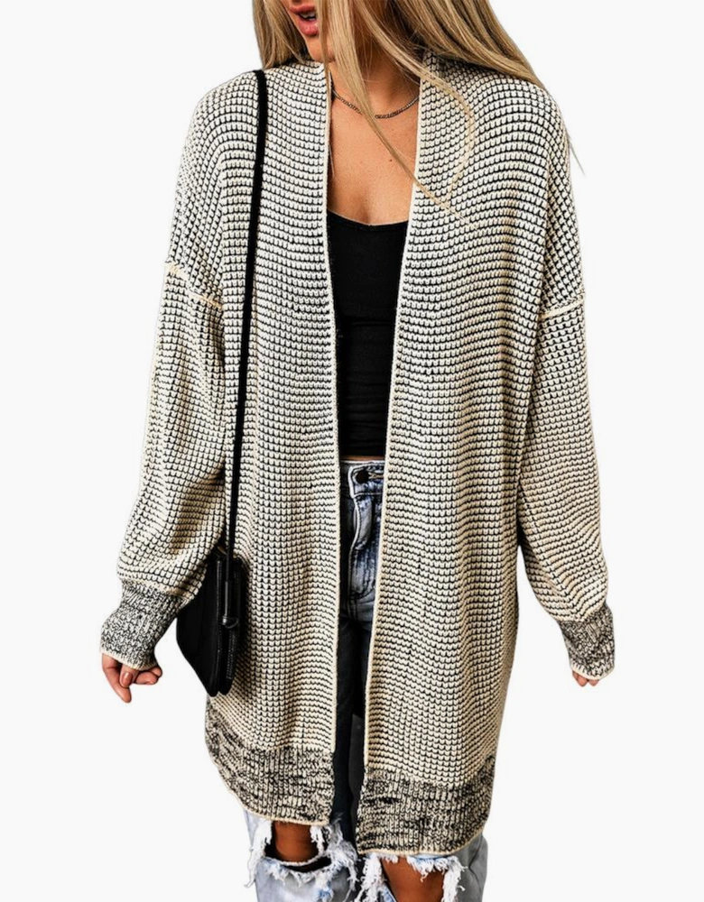 Apricot Plaid Knitted Long Open Front Cardigan
