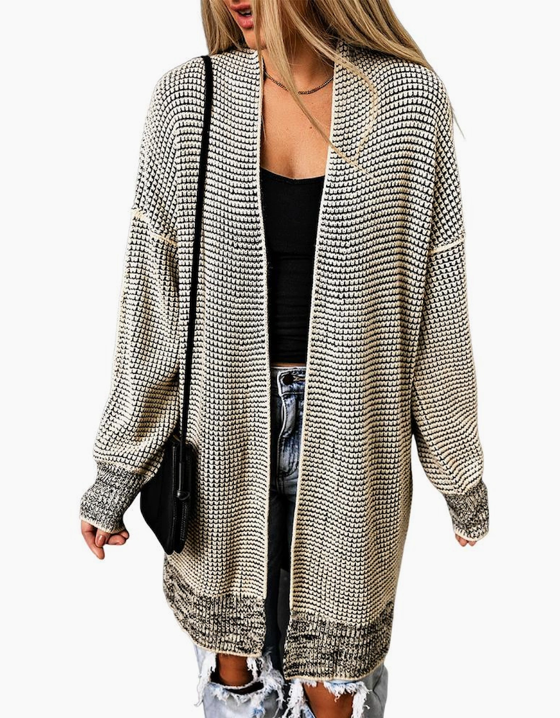 Apricot Plaid Knitted Long Open Front Cardigan