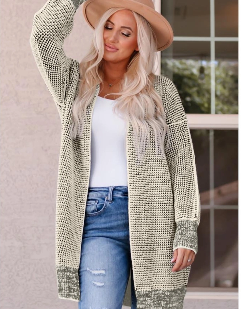 Apricot Plaid Knitted Long Open Front Cardigan