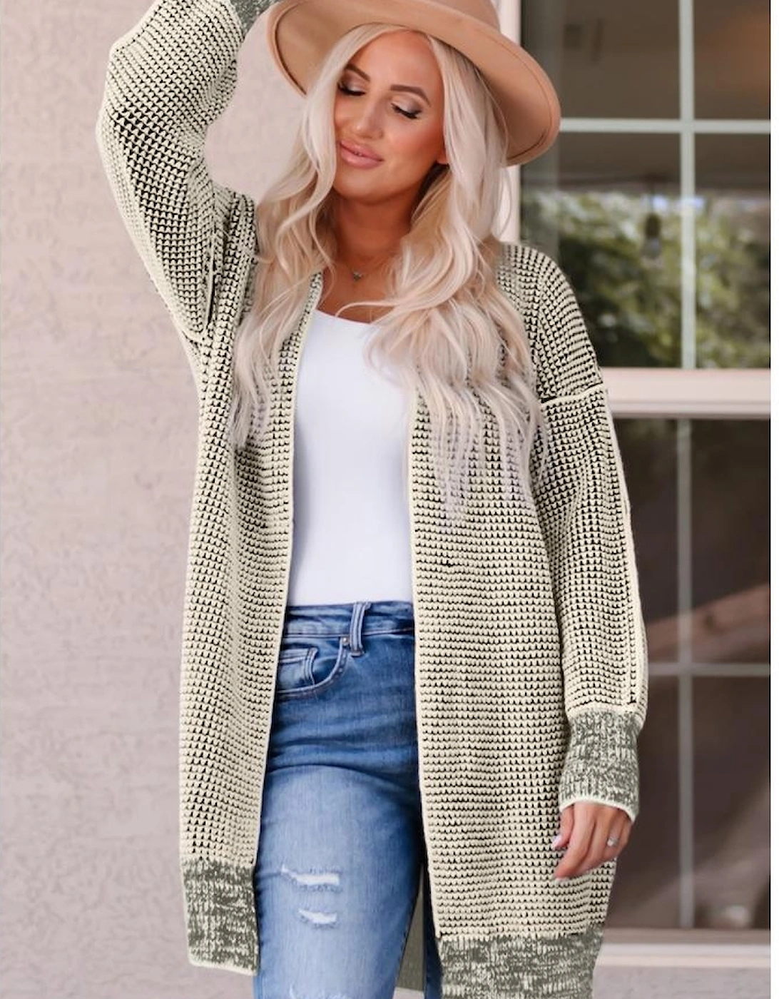 Apricot Plaid Knitted Long Open Front Cardigan
