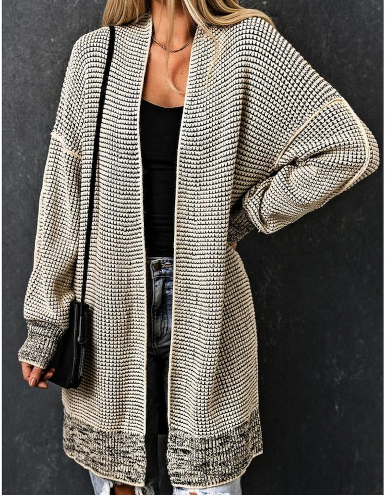 Apricot Plaid Knitted Long Open Front Cardigan