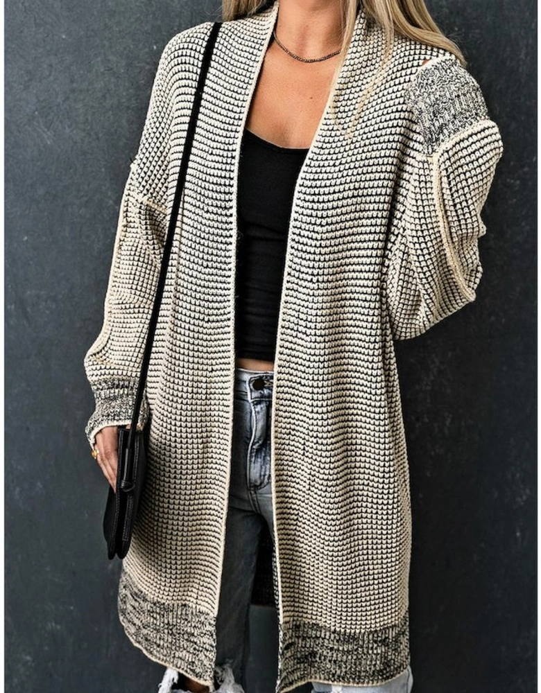 Apricot Plaid Knitted Long Open Front Cardigan