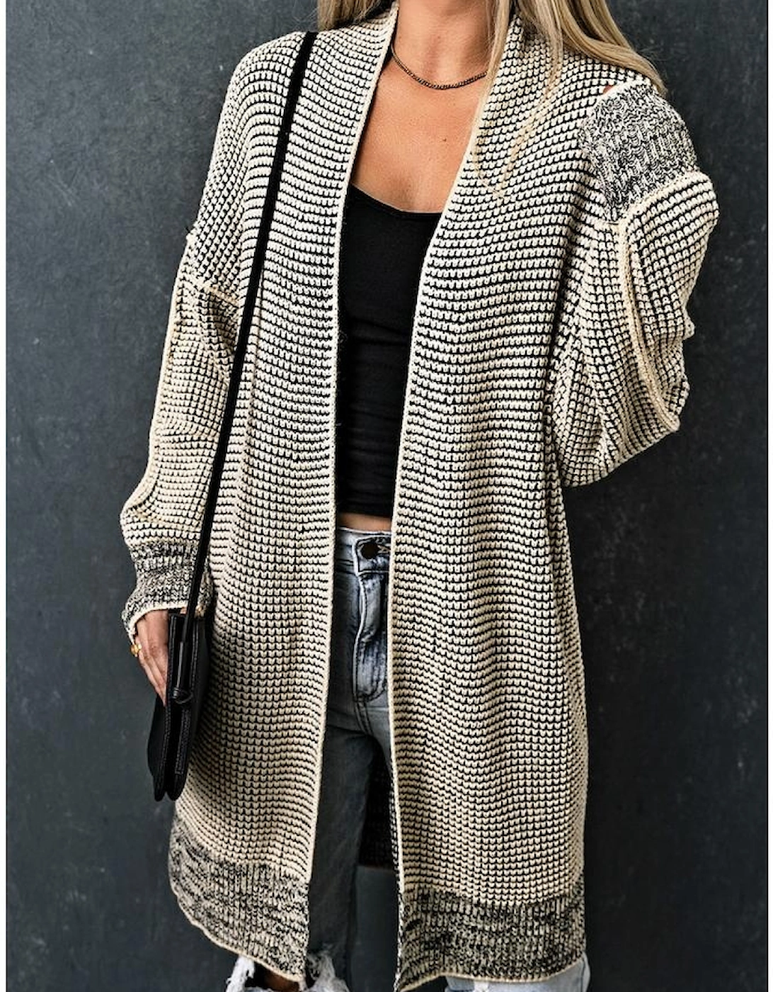 Apricot Plaid Knitted Long Open Front Cardigan