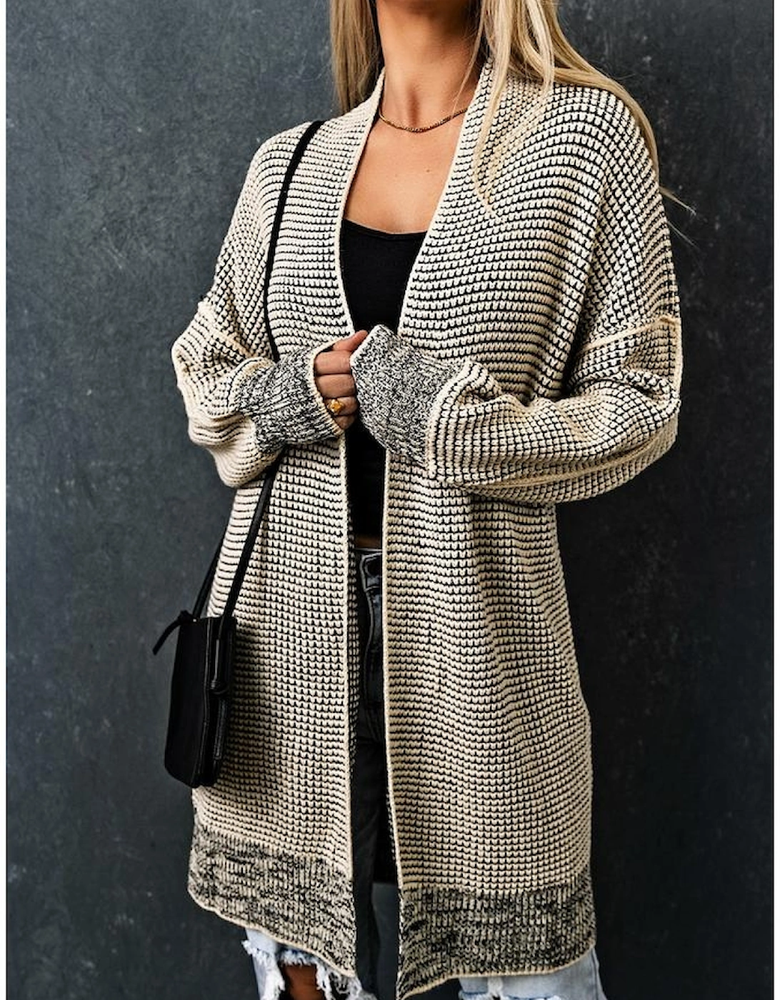 Apricot Plaid Knitted Long Open Front Cardigan, 16 of 15