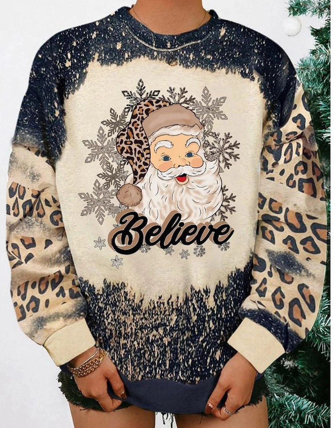 Black Believe Santa Clause Bleach Print Graphic Sweatshirt