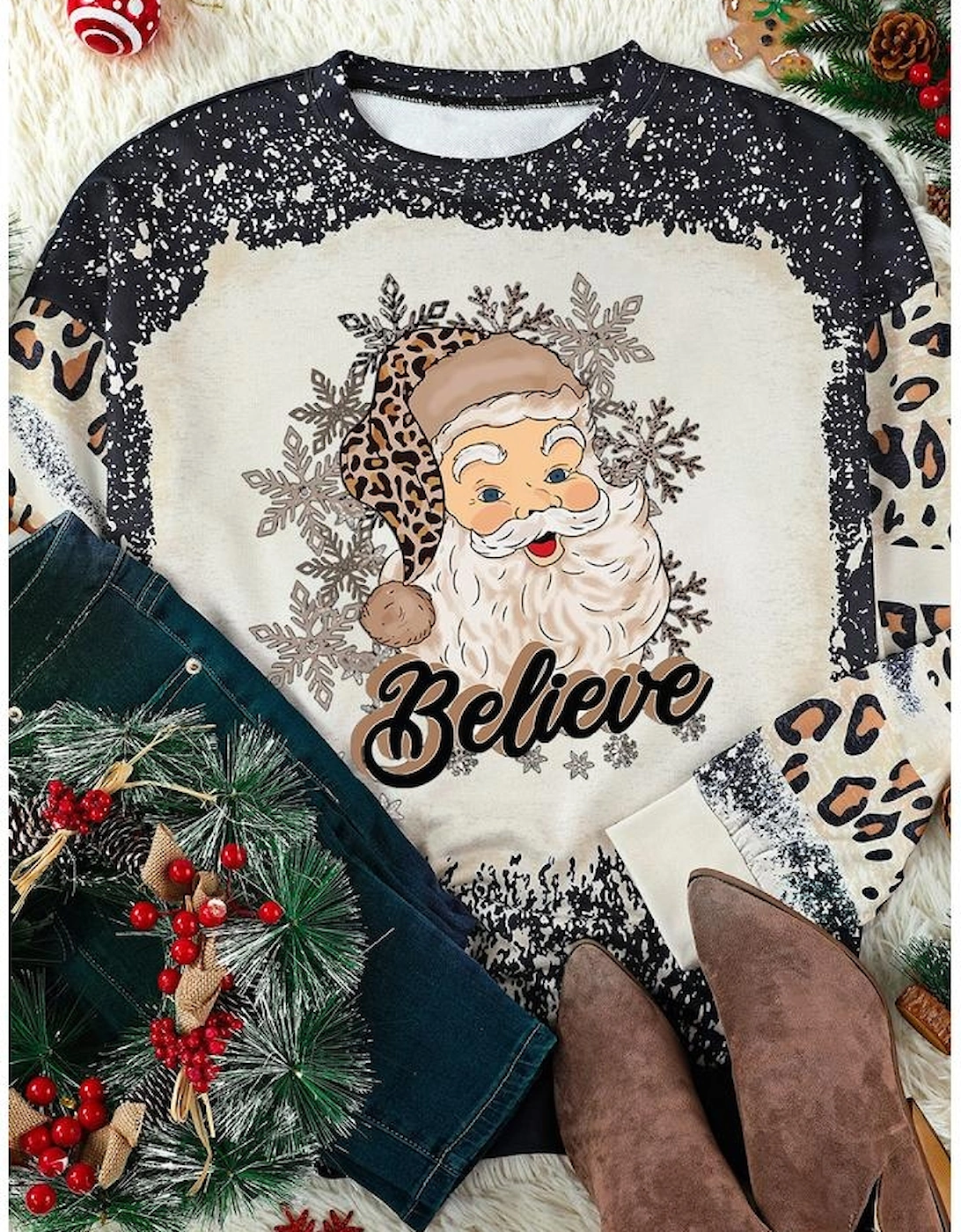 Black Believe Santa Clause Bleach Print Graphic Sweatshirt, 6 of 5