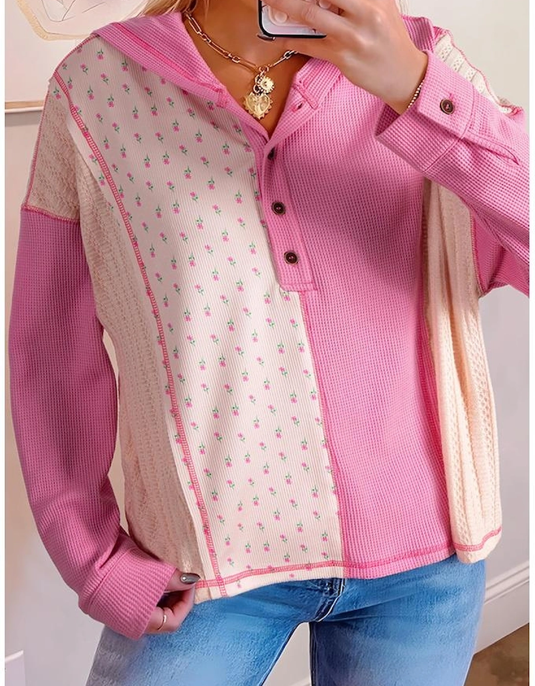 Pink Mixed Texture Waffle Floral Patchwork Hooded Oversize Pullover, 12 of 11