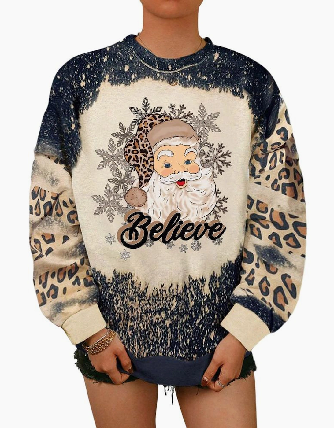 Black Believe Santa Clause Bleach Print Graphic Sweatshirt