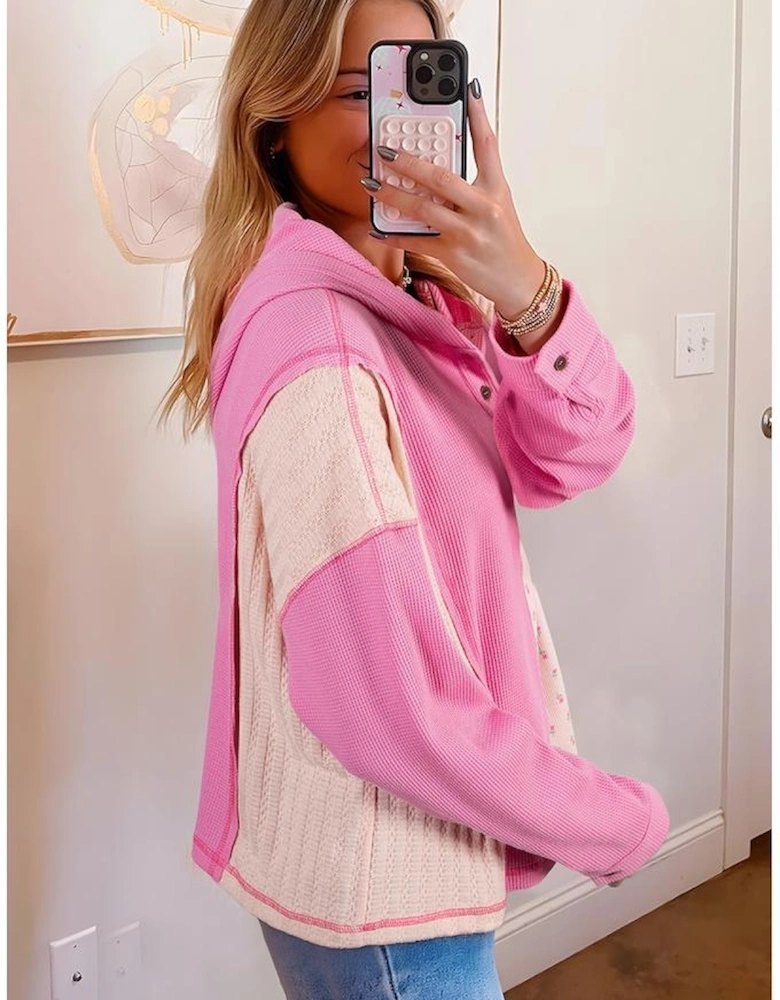 Pink Mixed Texture Waffle Floral Patchwork Hooded Oversize Pullover