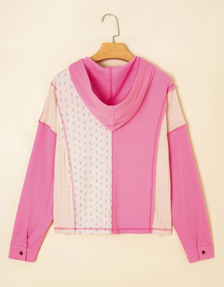 Pink Mixed Texture Waffle Floral Patchwork Hooded Oversize Pullover