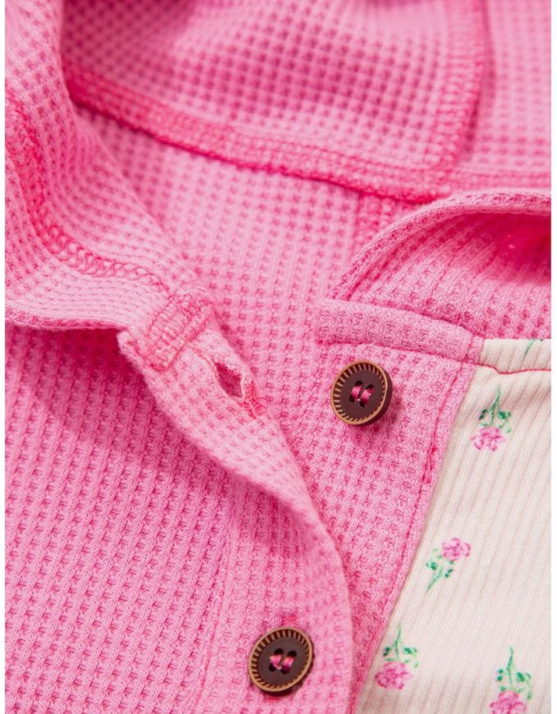 Pink Mixed Texture Waffle Floral Patchwork Hooded Oversize Pullover