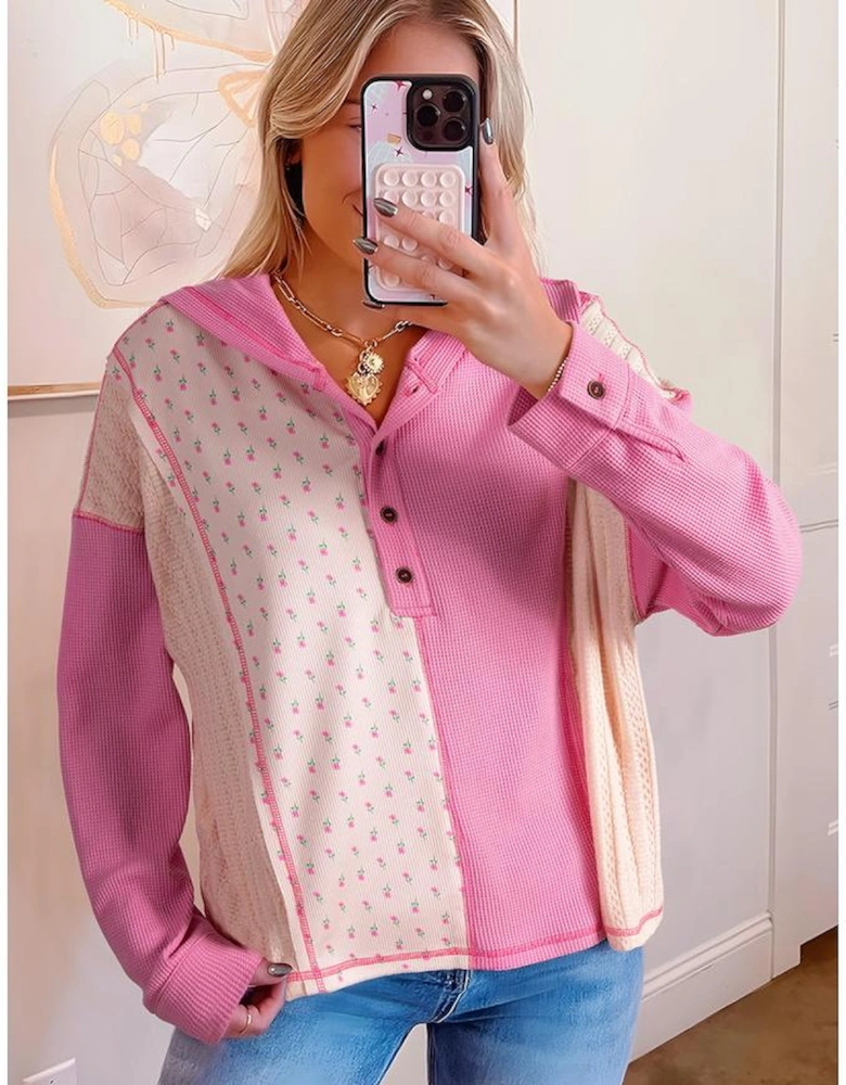 Pink Mixed Texture Waffle Floral Patchwork Hooded Oversize Pullover