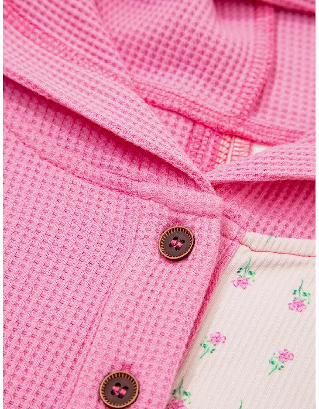 Pink Mixed Texture Waffle Floral Patchwork Hooded Oversize Pullover