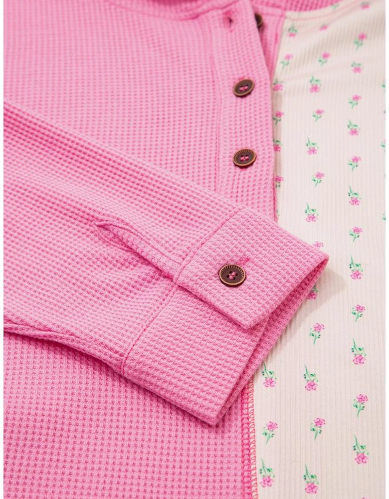 Pink Mixed Texture Waffle Floral Patchwork Hooded Oversize Pullover