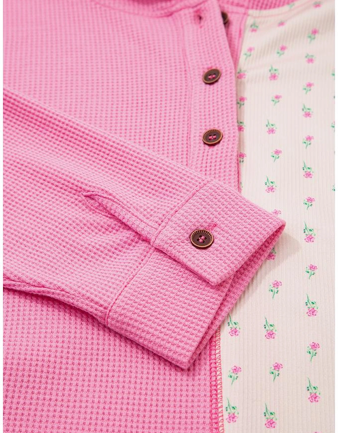 Pink Mixed Texture Waffle Floral Patchwork Hooded Oversize Pullover