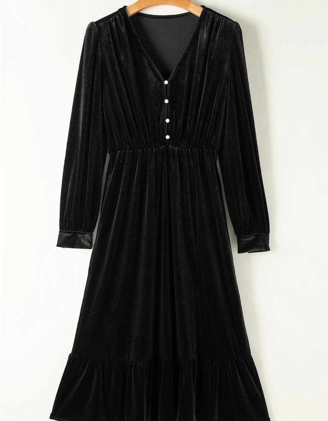 Black Velvet Buttoned Puff Sleeve V Neck Split Midi Dress