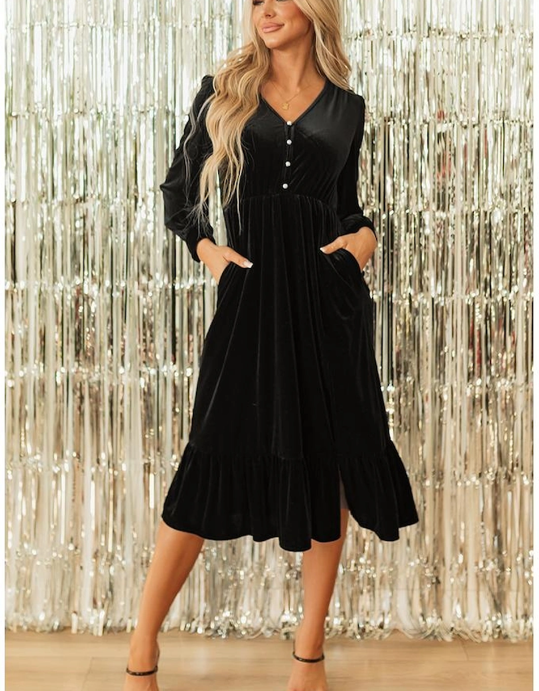 Black Velvet Buttoned Puff Sleeve V Neck Split Midi Dress