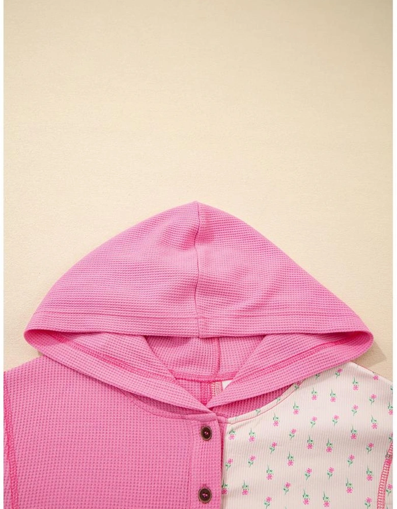 Pink Mixed Texture Waffle Floral Patchwork Hooded Oversize Pullover