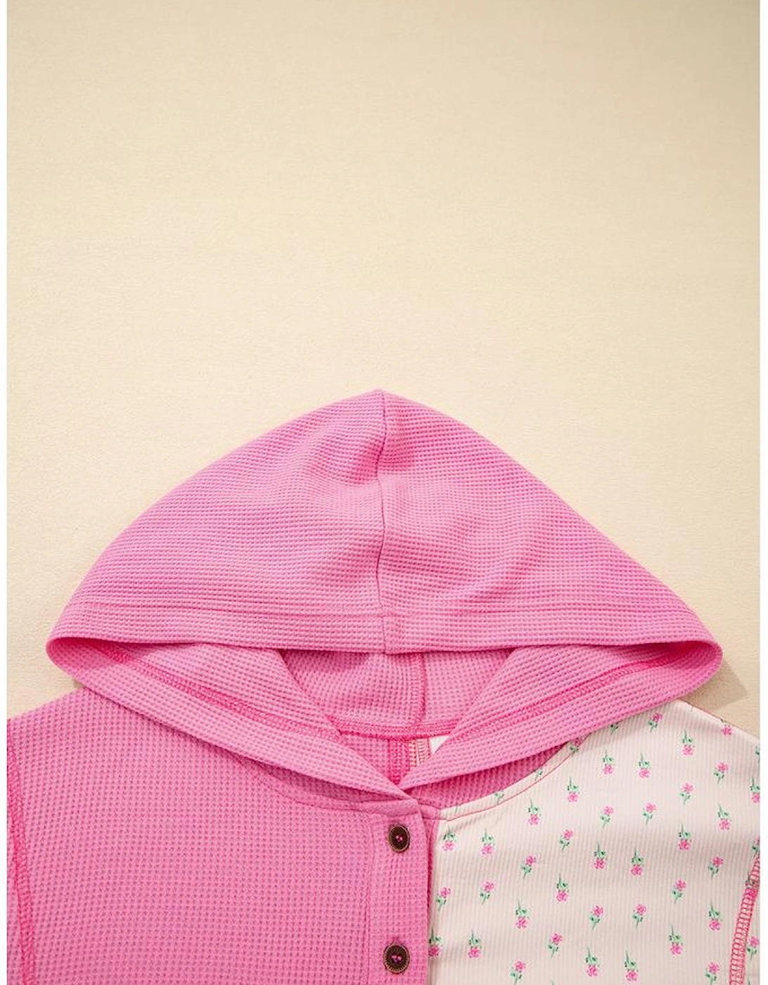 Pink Mixed Texture Waffle Floral Patchwork Hooded Oversize Pullover