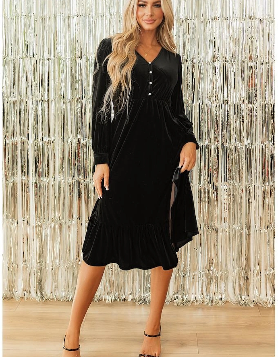 Black Velvet Buttoned Puff Sleeve V Neck Split Midi Dress