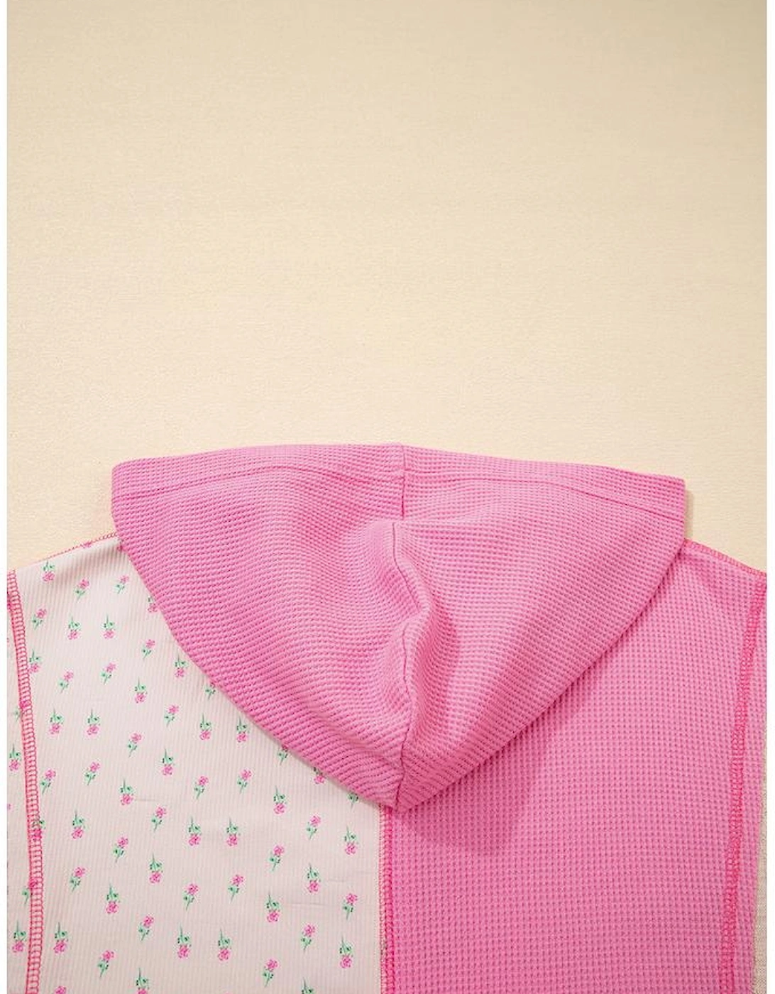 Pink Mixed Texture Waffle Floral Patchwork Hooded Oversize Pullover