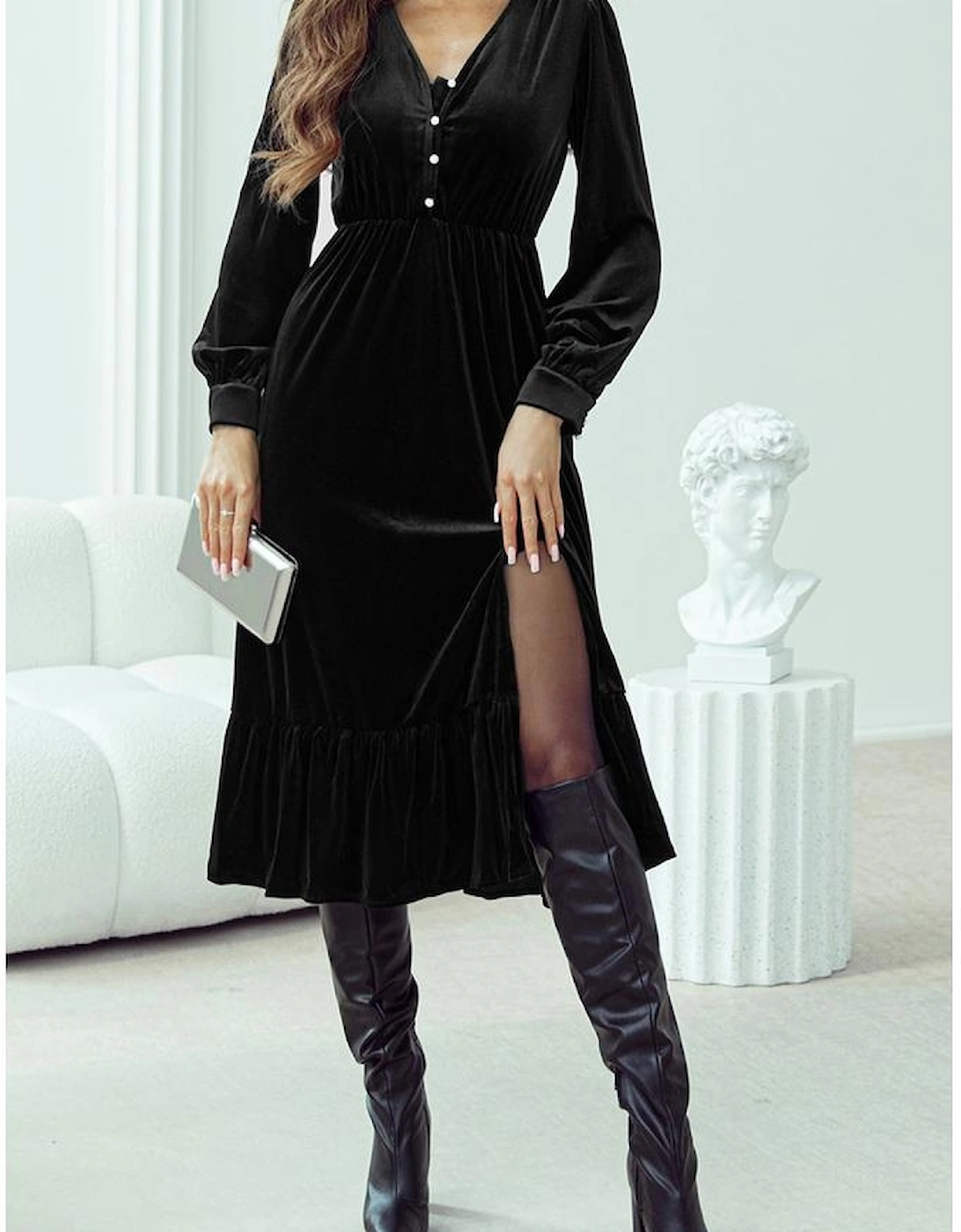 Black Velvet Buttoned Puff Sleeve V Neck Split Midi Dress