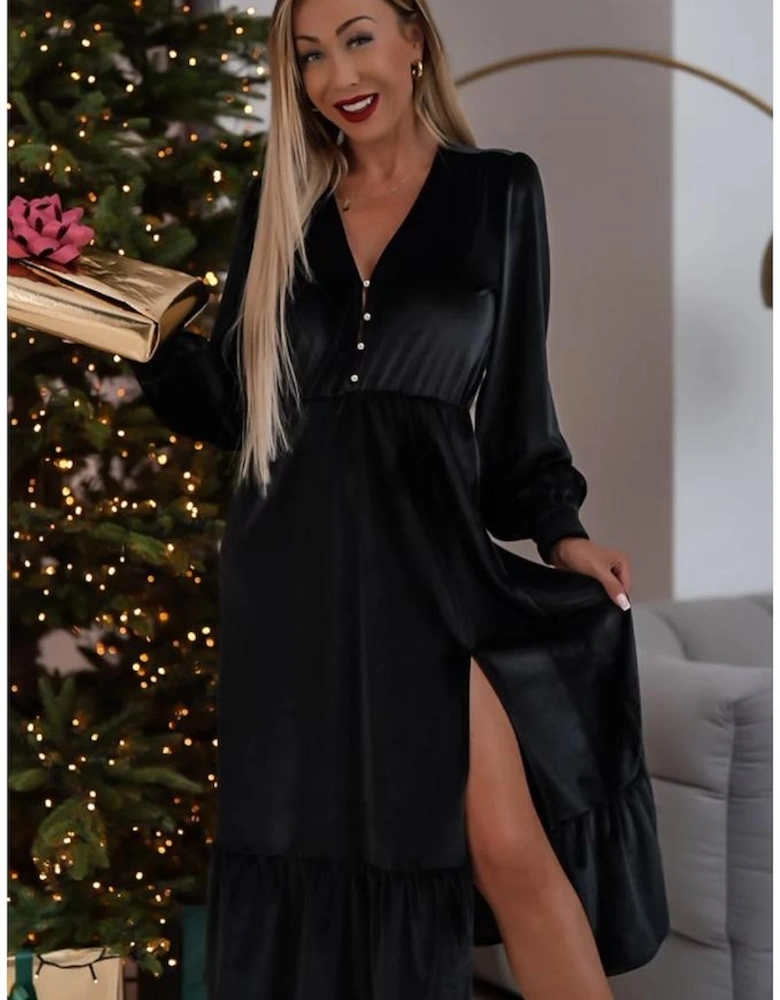 Black Velvet Buttoned Puff Sleeve V Neck Split Midi Dress
