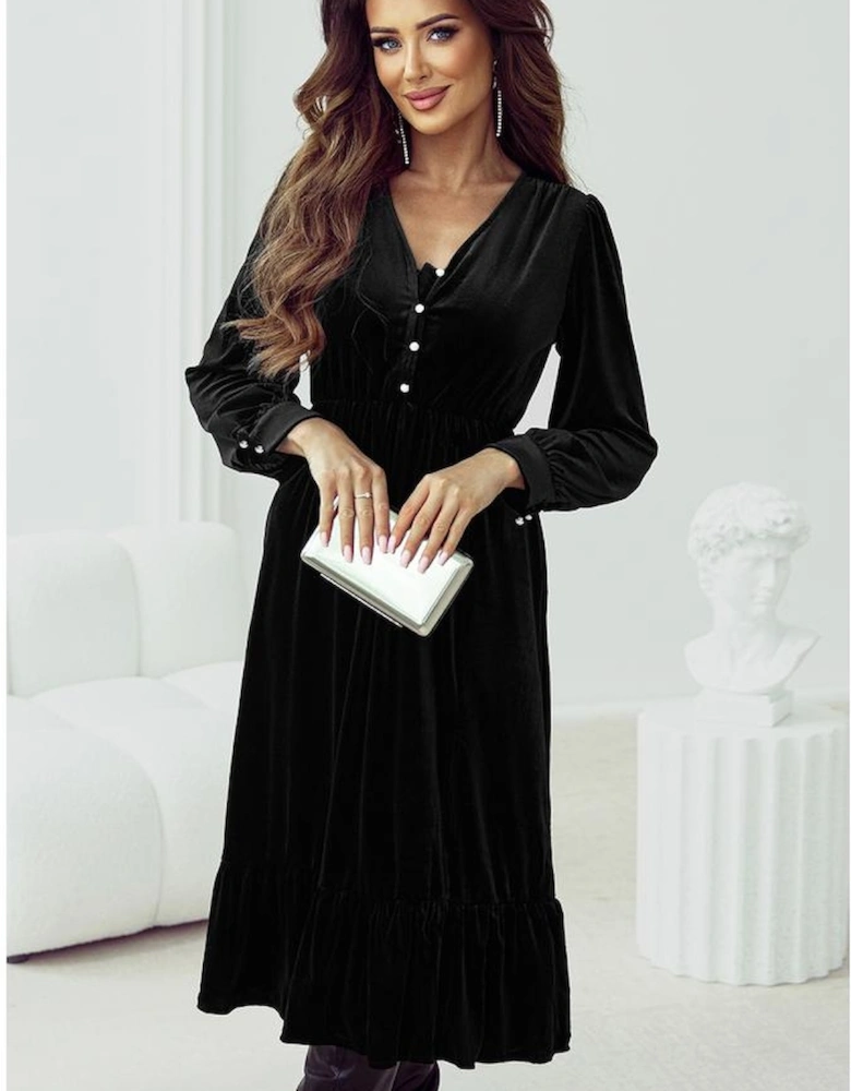 Black Velvet Buttoned Puff Sleeve V Neck Split Midi Dress
